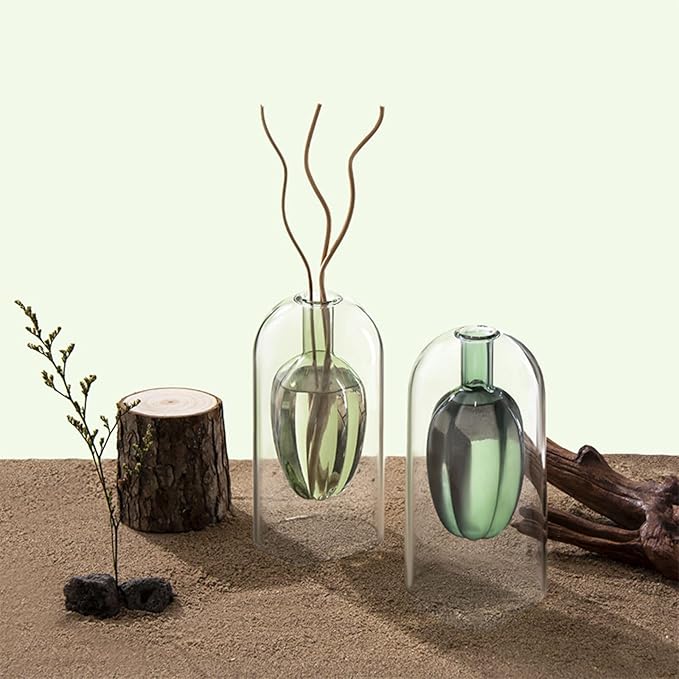 Flameless Glass Aroma Diffuser Bottle with Willow Stems, Natural Reed Diffuser for Home & Office, Elegant Room Decor Gift Set (17cm-Lake Green)
