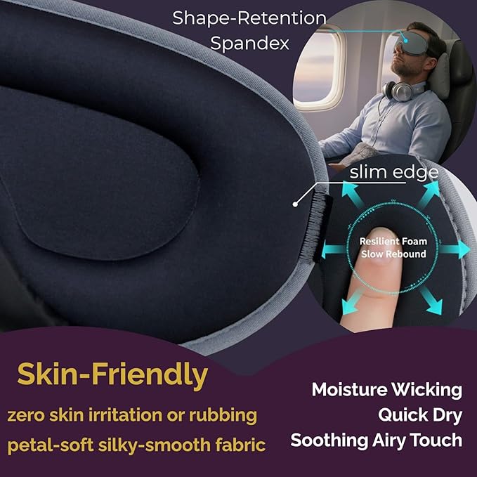 Ringchan 3D Contoured Eye Mask for Travel - 100% Blackout Sleep Mask for Men Women - Zero Eye Pressure Adjustable Eye Cover for Nap, Office & Meditation, Comfortable & Soft - Slate Gray