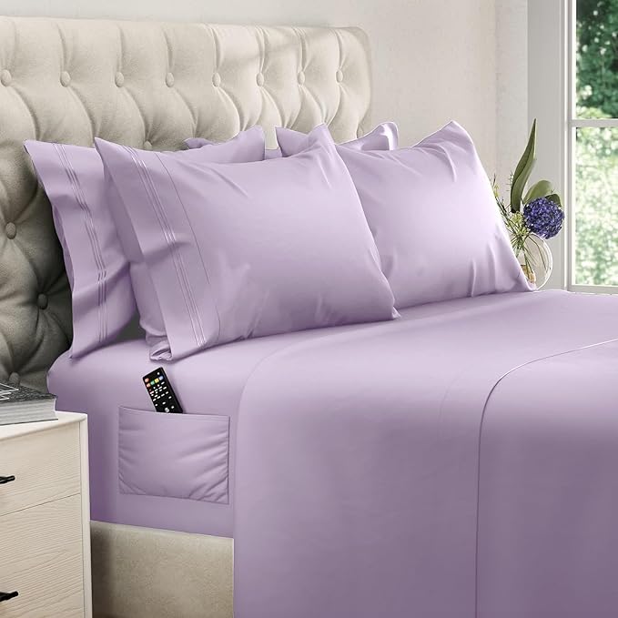 DREAMCARE Queen Sheet Set - 6 pcs Breathable Cooling Bed Sheets - up to 21" Extra Deep Pocket Queen Sheets Set with Side Pockets - Extra Soft 100% Brushed Hypoallergenic Hotel Luxury Bedding -Lavender