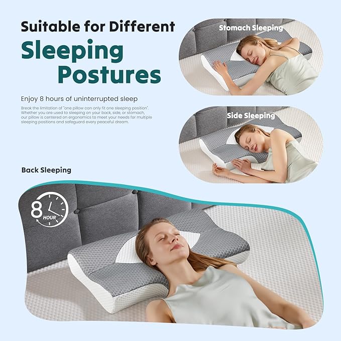 NEWBULIG Cervical Neck Pillow - Ergonomic Memory Foam Pillow for Neck Pain Relief, Contour Orthopedic Bed Pillow for Side, Back & Stomach Sleepers with Neck Support, 24.82" Lx14.62 W, Grey
