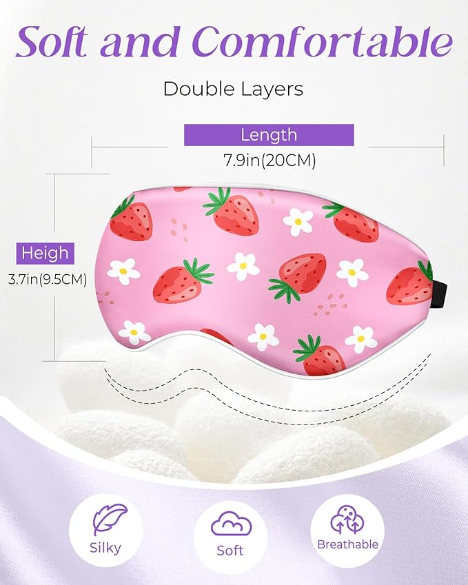 Miss Adola Sleep Mask for Kids - Silk Eye Mask for Sleeping Cute Cartoon Kids Sleep Mask for Boys Girls Teens Soft Smooth Adjustable Straps Silk Kids Eye Cover, Strawberry