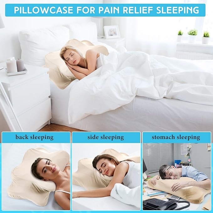 Hahafelt Cooling Cervical Neck Pillowcase Cover (Only Pillow Case) Ergonomic Pillowcase with Zipper Breathable Contour Pillow Cover for Side Back Stomach Sleepers(Champagne,Queen Size)