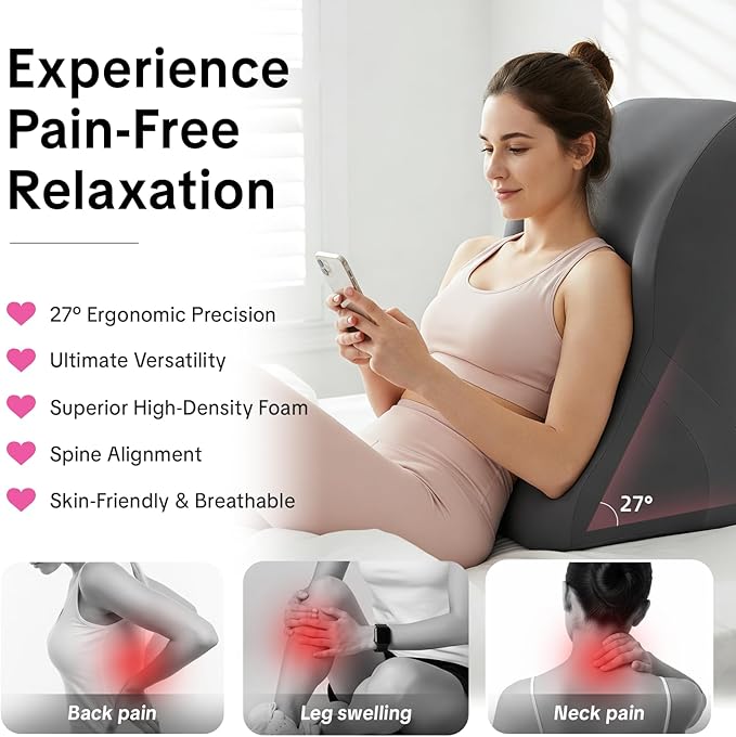Memory Foam Ergonomic Wedge Pillow - 27° Lift Support Cushion for Sleeping, Reading & Prone Positions Multi-Functional Rest Pillow for Neck, Waist & Back Pain Relief Washable Cover- Grey