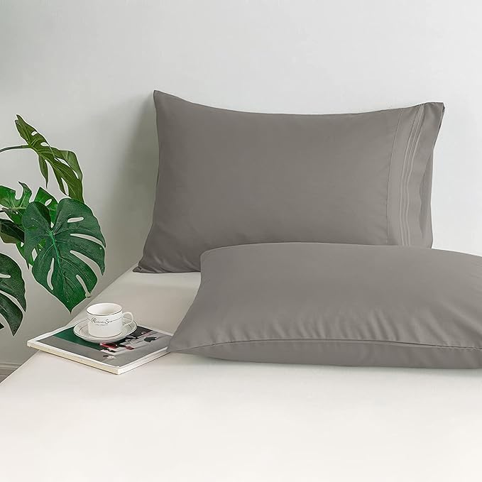 Mocassi 2-Piece Premium Standard/Queen Pillowcase Set 1800 Series Hotel Quality Microfiber - Soft and Breathable with 3-Line Embroidery Wrinkle and Stain Resistant, Easy Care, 20" x 30", Gray