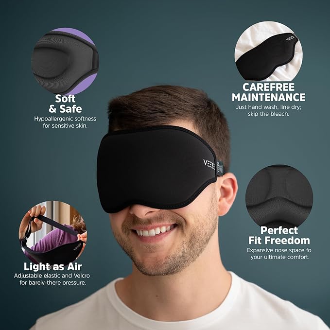 VEEZE Luxury Sleep Mask for Sleep - Soft Sleeping Mask – Eye Mask for Sleep Adjustable Elastic Velcro Strap - Sleep Masks for Women & Men - Eye Covers for Sleeping - Blackout Eye Mask for Sleeping
