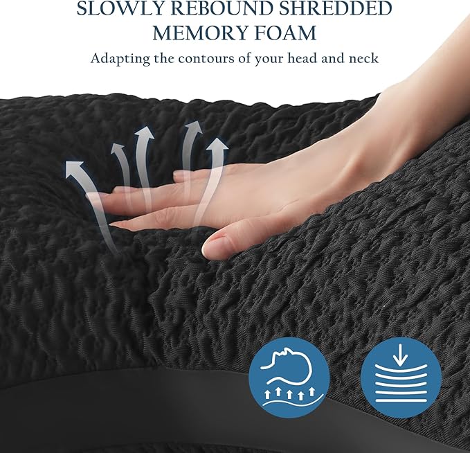 Side Sleeper Pillow for Adults, Adjustable Shredded Memory Foam for Neck and Shoulder Pain, Curved Cooling Gusseted Bed Pillows for Hot Sleepers, Washable Cover & Extra Foam Bag, Black Standard Size
