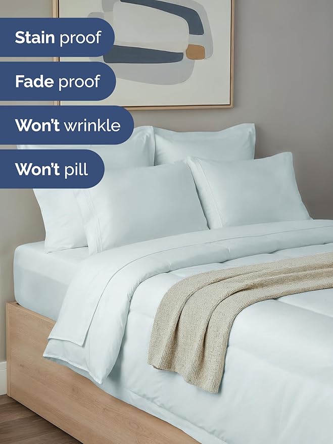 King Comforter Set - 7 Piece Bed in a Bag King Size Bed Set - Down Alternative Comforter, Flat Sheet, Fitted Sheet, Pillowcase & Shams for All Seasons - Ultra Soft, Cozy, Comfy & Breathable - Ice Blue