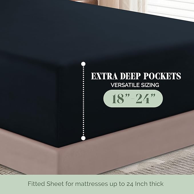 Elegant Comfort Luxury 1500 Premium Hotel Quality Microfiber 4-Piece Sheet Set - Soft, All Around Elastic 18-24 Inches Deep Fitted Sheet - Extra Deep Pocket Sheets, California King, Black