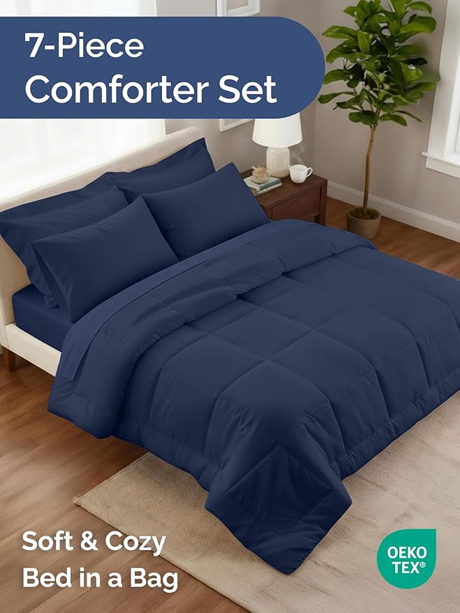 Queen Comforter Set - 7 Piece Bed in a Bag Queen Size Bed Set - Down Alternative Comforter, Flat Sheet, Fitted Sheet, Pillowcase & Shams for All Seasons - Ultra Soft, Comfy and Breathable - Navy Blue