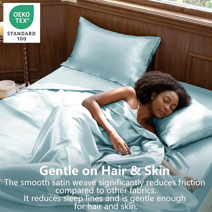 CozyLux Satin Sheets Full Size Sheets - 4 Piece Silky Full Size Bed Sheets, Luxury Light Blue Full Bed Set with Smooth and Soft Microfiber, Includes 1 Fitted Sheet, 1 Flat Sheet and 2 Pillowcases