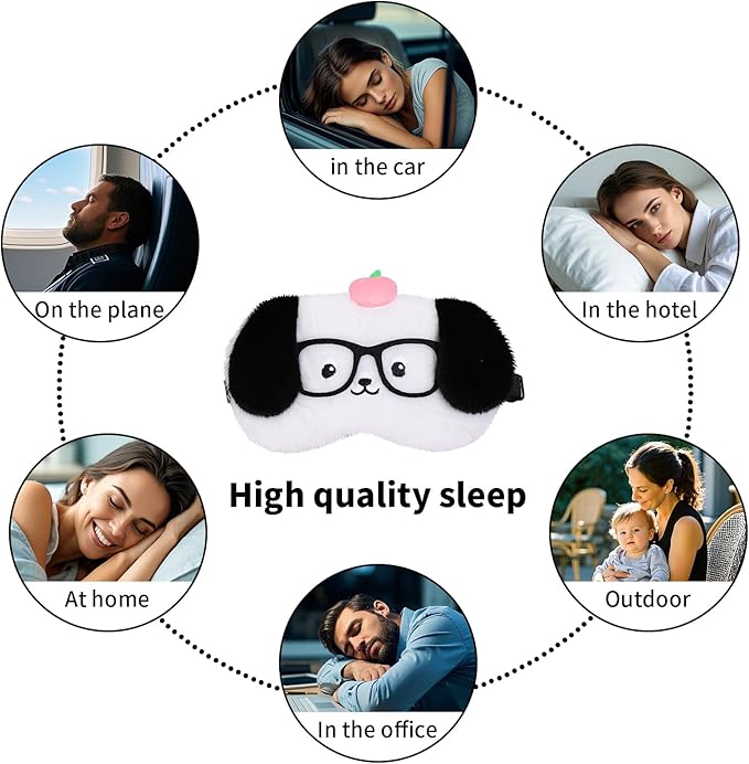 PERFECTSIGHT Sleep Eye Masks, Cute Plush Sleep Eye Cover Lightweight Adjustable Eyeshade Faux Fur Mask Cover for Women Men Sleep Travel Nap, Glasses Puppy