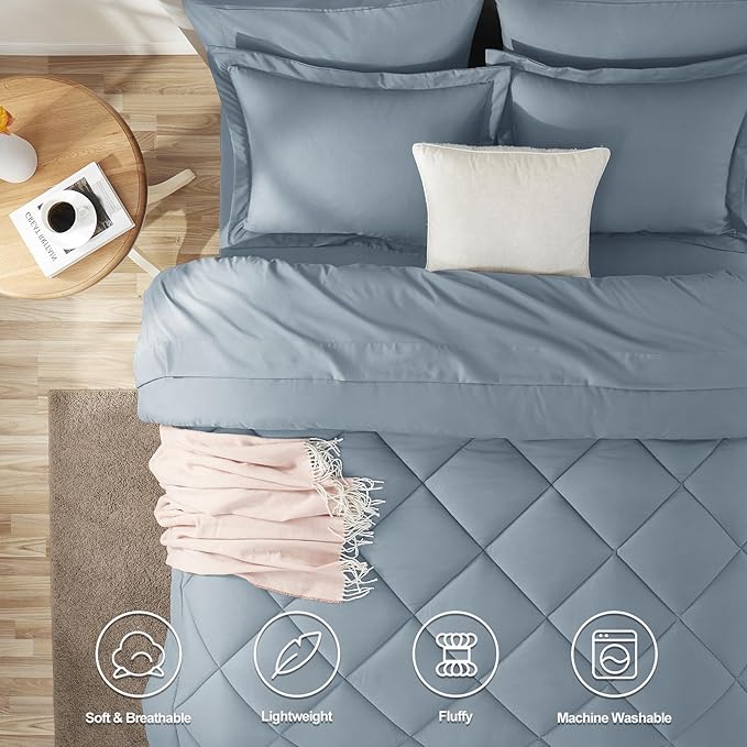CozyLux Twin XL Comforter Set Dusty Blue - 5 Pieces Twin Extra Long Bed in a Bag for College Dorm, All Season Bedding Set for Girls and Boys, Soft Bed Set with Comforter, Sheets, Pillowcase & Sham