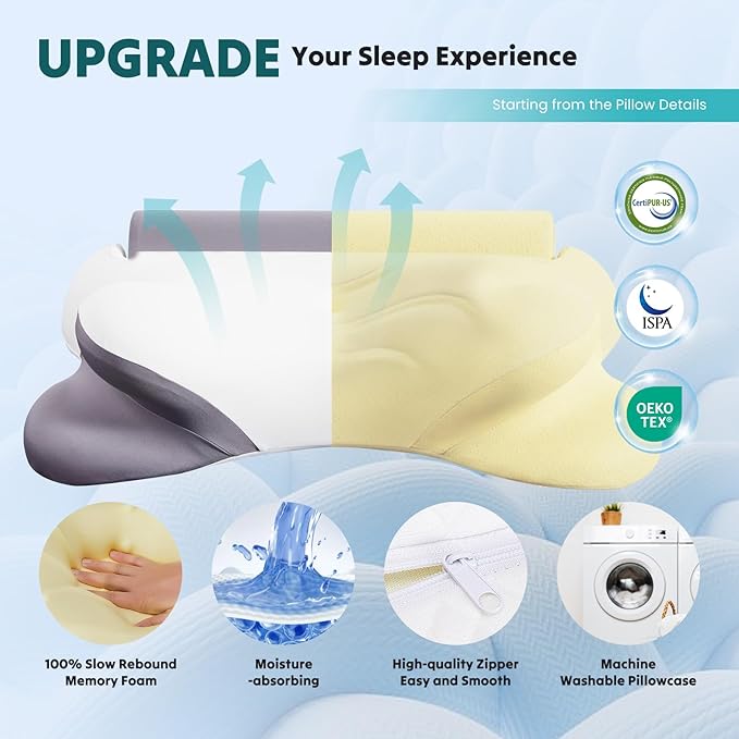 NEWBULIG Cervical Neck Pillow - Ergonomic Memory Foam Pillow for Neck Pain Relief, Contour Orthopedic Bed Pillow for Side, Back & Stomach Sleepers with Neck Support, Queen Size, White & Grey