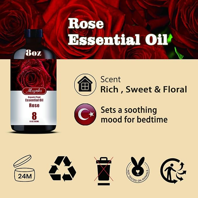 Rose Essential Oil – MLYNKL Rose Oils 8.33 fl oz for Diffusers, Humidifiers, Massage, DIY Candles, Soap, Cleaning, Home, Yoga, Office, Gifts - 250 ml