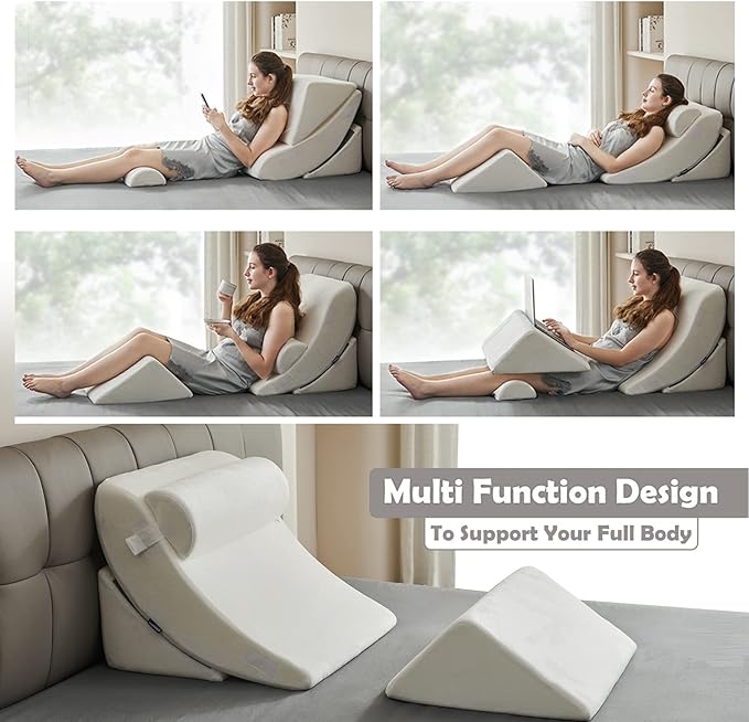 Ganaver 4pcs Orthopedic Bed Wedge Pillow Set Post Surgery Relaxing Back Adjustable Head Support Cushion Triangle Memory Foam Pillow for Acid Reflux Sleeping Reading Leg Elevation Snoring White