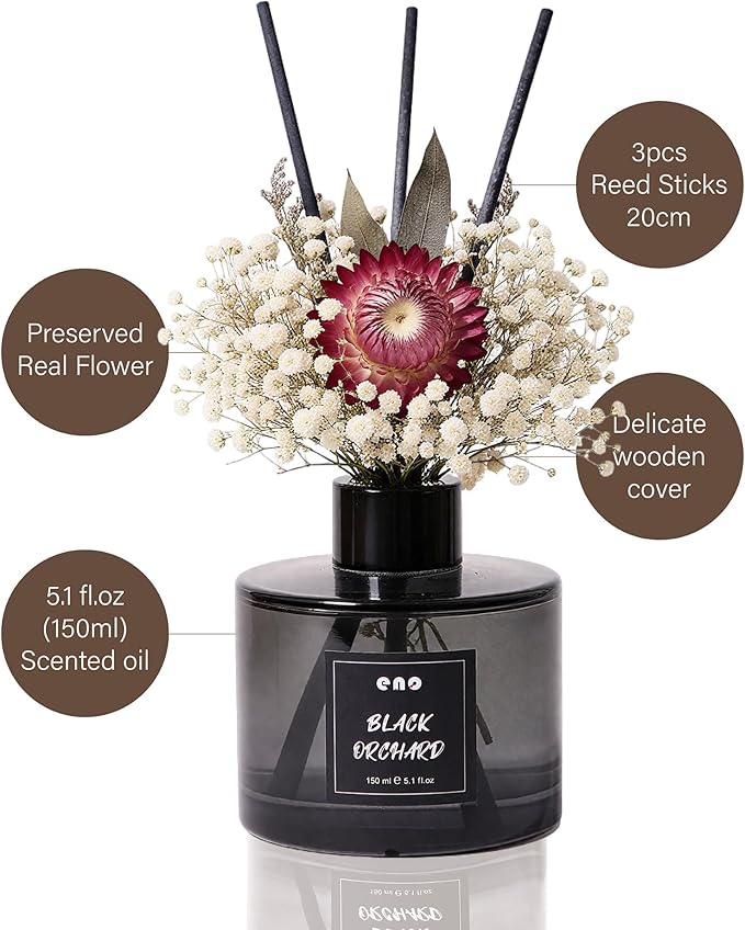 Reed Diffuser Set with Dried Flowers, 5.1oz Essential Oil Home Fragrance, Long Lasting Air Freshener for Bathroom Shelf Decor, Housewarming Gift,Black Orchid Scent