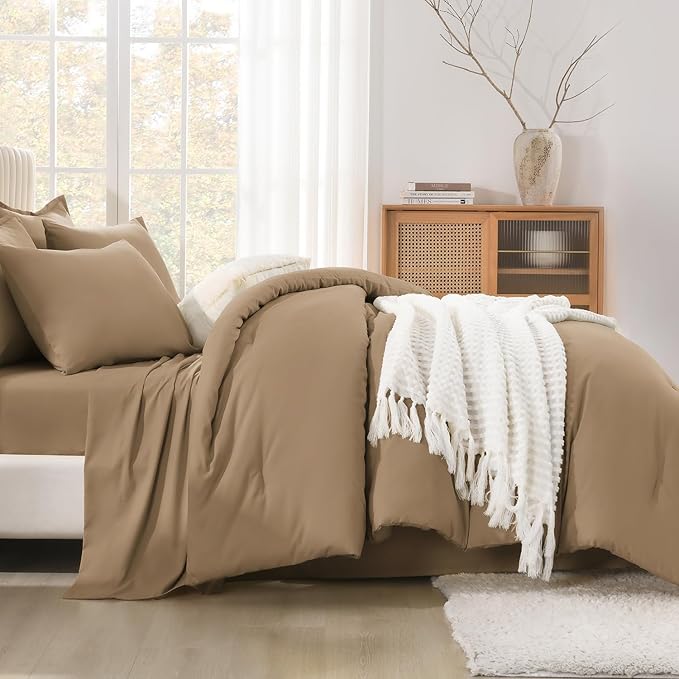 Litanika California King Comforter Set Taupe - 7 Pieces Bed in a Bag Cal King Bedding Comforter Sets, Plain Lightweight Bed Set with Comforter, Sheets, Pillowcases & Shams