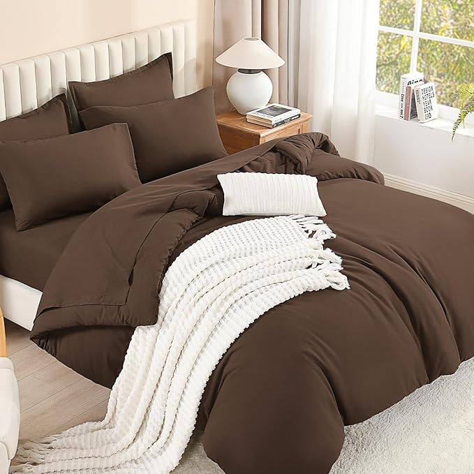 Litanika Queen Comforter Set Brown - 7 Pieces Bed in a Bag Queen Bedding Comforter Sets, Solid Lightweight Bed Set with Comforter, Sheets, Pillowcases & Shams