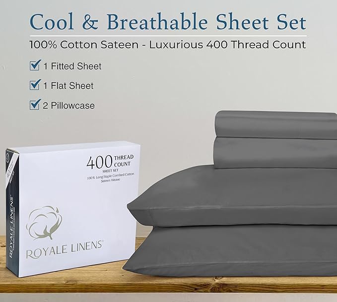ROYALE LINENS 400 Thread Count 100% American Grown Cotton 4 Piece Sateen Full Sheet Set - 1 Fitted Sheet, 1 Flat Sheet, 2 Pillow case - Grey Full Bedsheet - Cotton Sheets - (Full, Spanish Slate)