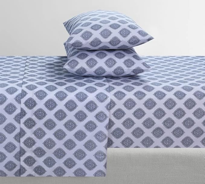 Feather & Stitch Softest 100% Cotton Sheets, 300 Thread Count Percale Weave Bedding, 16" Deep Pocket, Cooling Sheets, Breathable Bed Set, Hotel Premium Quality (Twin, Diamond)