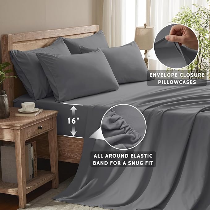 Queen Sheet Set - 6 Piece Sheets Queen Size Bed Set - Breathable & Cooling Hotel Luxury Bedding Set - Soft & Comfy Fully Elasticized 16" Deep Pocket Queen Sheets (Queen Dark Grey)