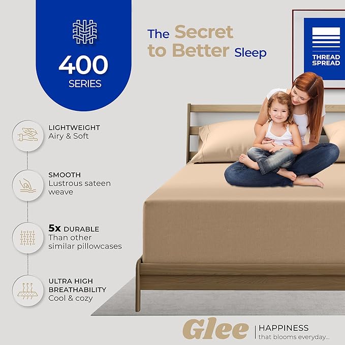 Thread Spread 100% Cotton King Size Pillow Cases Set of 2 - Luxury 400 Series Glee Collection Pillow Cases King Size (Taupe), Soft Cooling Breathable & Durable Sateen Hotel Cotton Pillowcases