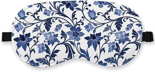 Blue and White Porcelain Silk Eye Mask for Sleeping, Adjustable Strap Night Sleep Mask for Women Girls, Airplane Travel Nap, Blue Flowers Sleeping Mask Eye Cover