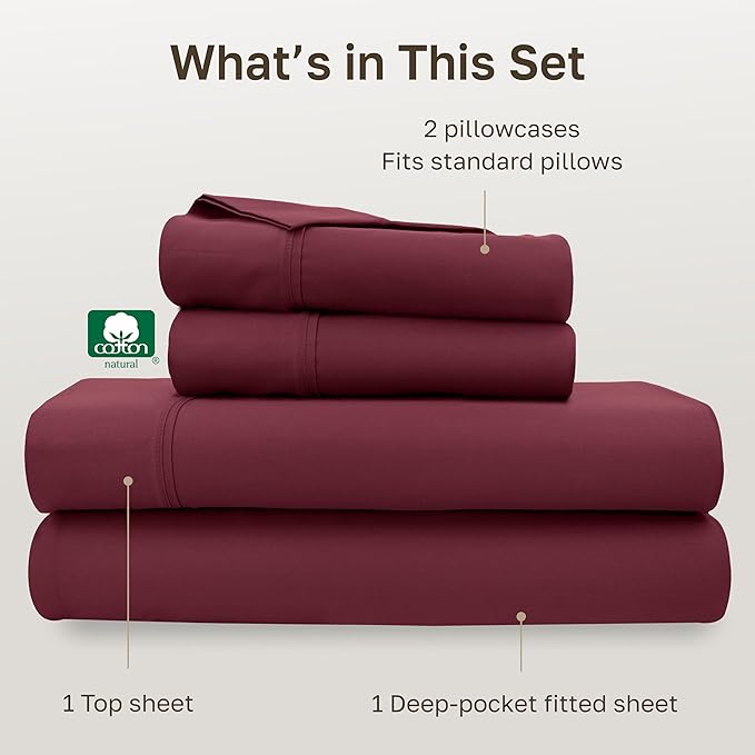 California Design Den Soft 100% Cotton Full Size Bed Sheets Set, 400 Thread Count Good Housekeeping Award Winner, Silky Smooth Sateen with Deep Pockets, Durable Full Bed Sheet Set - Burgundy Red