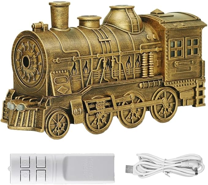 300ml Steam Train Essential Oil Diffuser Cool Mist Humidifier with Retro Design Ultra-Quiet Operation Dual Ambient Light Modes Auto Shut-Off for Bedroom or Office(Copper colored)