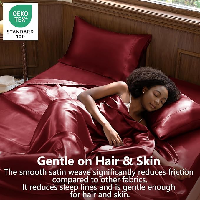 CozyLux Satin Sheets King Size Sheet Set - 6 Piece Silky King Sheets, Luxury Burgundy King Bed Set with Smooth and Soft Microfiber, Includes 1 Fitted Sheet, 1 Flat Sheet and 4 Pillowcases