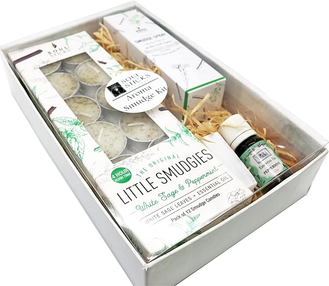 SOUL STICKS Aroma Smudge Kit | Gift Set with Little Smudgies Candles, Smudge Spray, Essential Oil and 2 Selenite Wand in White Gift Box (Peppermint)
