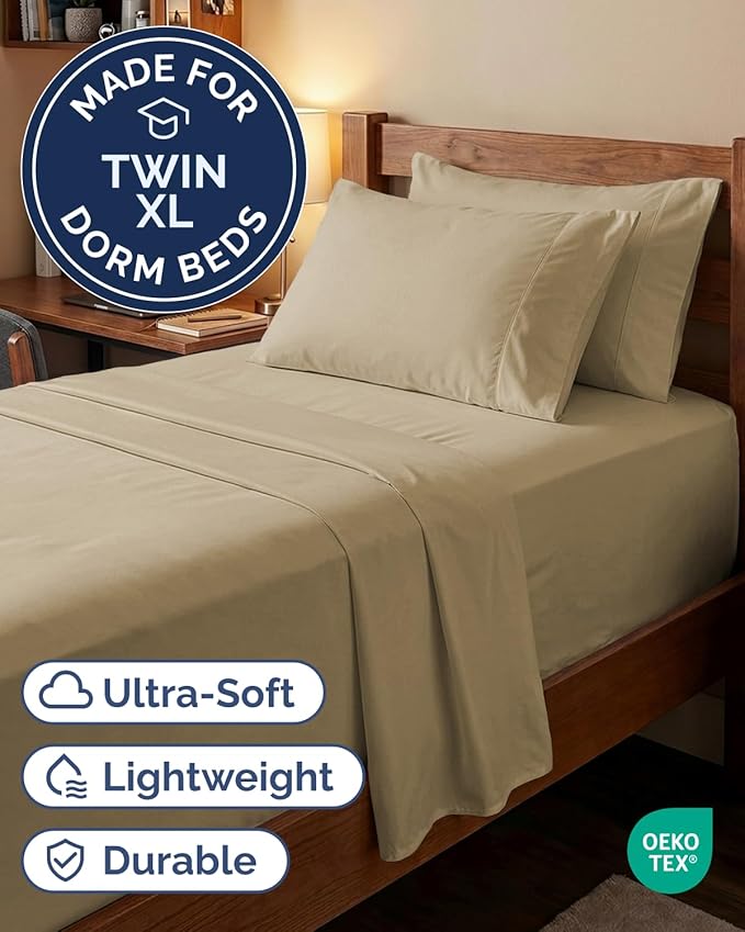 Extra Deep Twin XL Sheet Set - 4 Piece Breathable and Cooling Sheets - Hotel Luxury Bedding for Women, Men, Kids & Teens - Easy & Secure Fit - Soft, Wrinkle Free and Comfy - Extra Deep Pockets - Beige