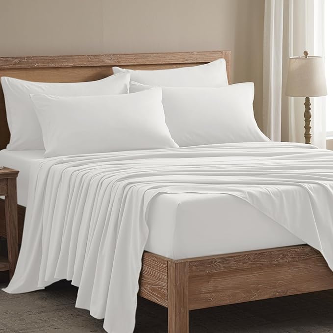 Twin Sheets Set - 4 Piece Soft Microfiber and Wrinkle Free Sheets - Easy Care, Extra Soft, Cooling Sheets - 1 Deep Pocket Fitted Sheet 1 Flat Sheet and 2 Pillowcases (Twin White)