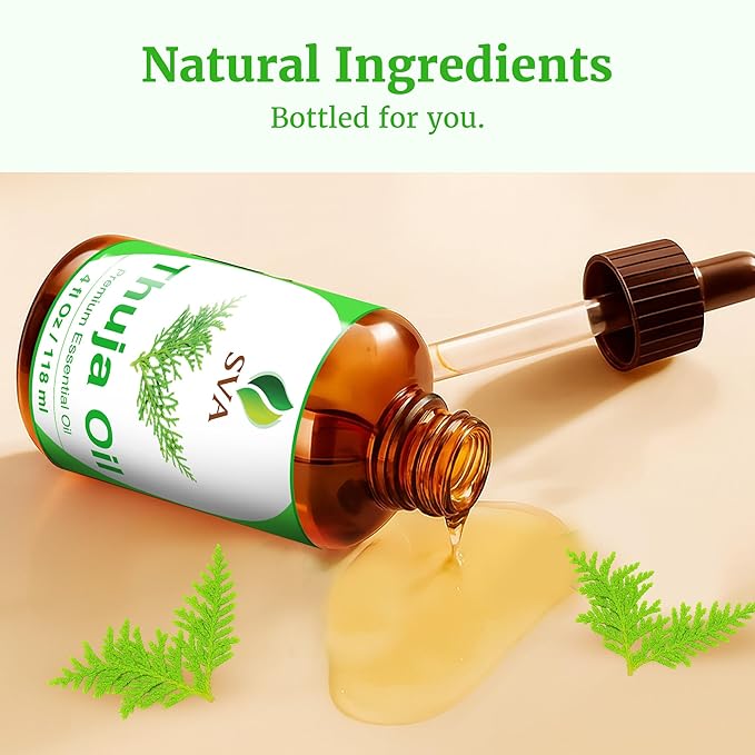 SVA Thuja Essential Oil – 4 Fl Oz – 100% Natural Thuja Oil - for Diffuser, Hair Care, Face, Skin Care, Aromatherapy, Scalp and Body Massage, Soap and Candle Making – with Dropper