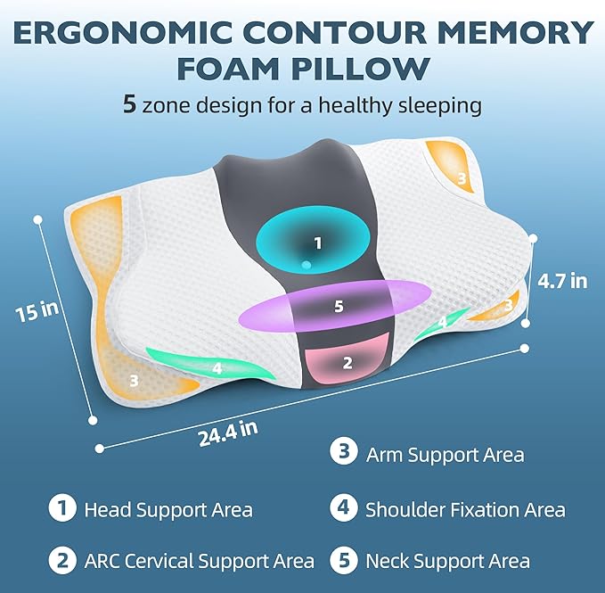 Cervical Neck Pillow for Pain Relief, Ergonomic Memory Foam Pillow for Sleeping, Orthopedic Bed Pillow Neck Support Pillow, Contour Pillows for Side Back Stomach Sleepers