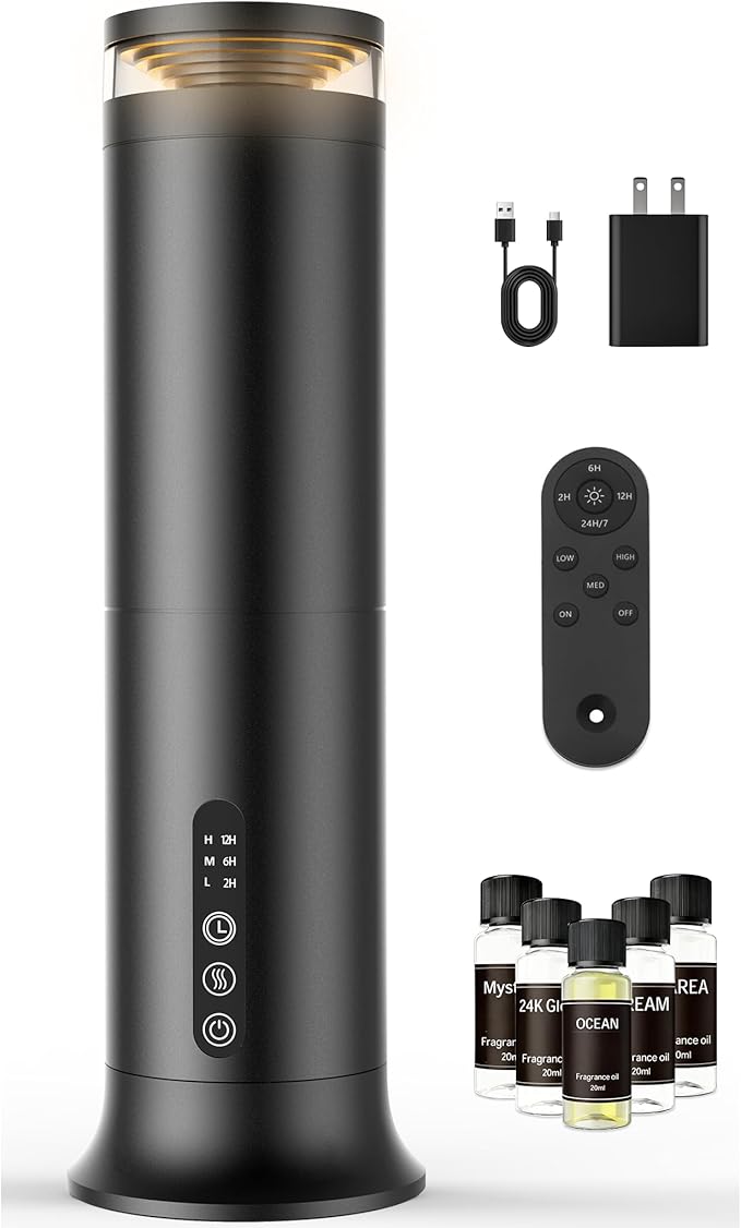 Waterless Scent Diffuser Starter Kit – Two-Fluid Nano Tech 1000 Sq Ft Coverage, Aromatherapy Essential Oil Diffuser for Home, Hotel, Office, Included 5 Scented Essential Oils, Remote Control