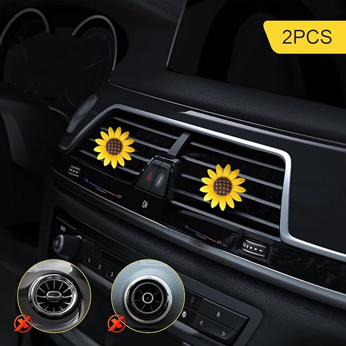2 PCS Sunflower Car Air Vent Clips, Flower Cute Nature Diffuser Clip, Alloy Anti-rust Vibrant Straight Outlet Ornament, Interior Decoration Accessory for Most Cars (Yellow)