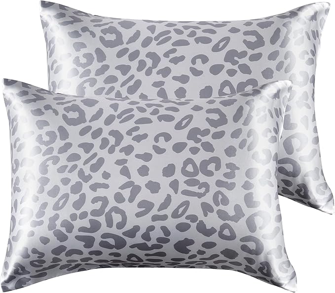 Satin Pillowcase for Hair and Skin, Similar to Silk Pillow Cases Queen Size Pack of 2 Satin Pillow Cases with Envelope Closure, Gift for Girls Women(20"x30", Leopard, Silver)