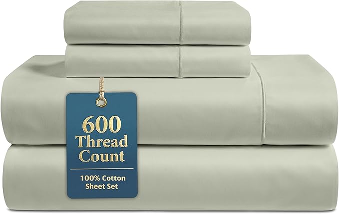 LANE LINEN 100% Cotton Cal King Bed Sheets - 600 Thread Count Premium Sateen Weave for Smooth & Gentle Feel On Skin - Hotel Like Thick Bedding & Sheets - Oeko Tex Certified - Mineral