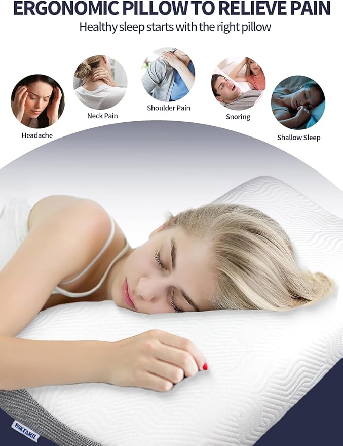 Memory Foam Contour Pillow for Neck Pain Relief, Ergonomic Cervical Pillow with 2 Heights - Orthopedic Support for Side/Back/Stomach Sleepers, Breathable Removable Cover, Queen Size