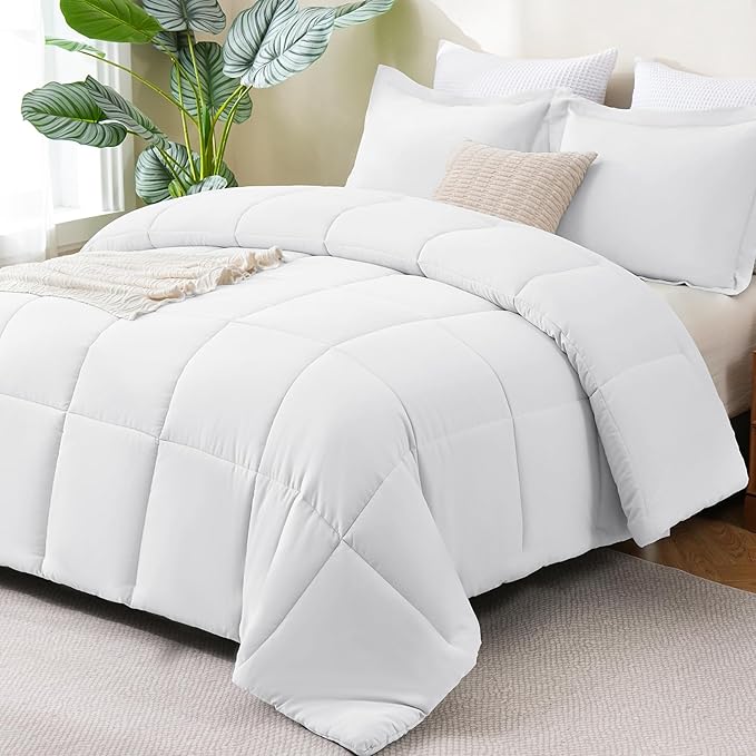 CozyLux Oversized King Comforter Set, 3 Pieces White 120x98 Box Stitched Design Soft Bedding Set, All Season Lightweight Breathable Bed Set with 1 Down Alternative Comforter and 2 Pillow Shams
