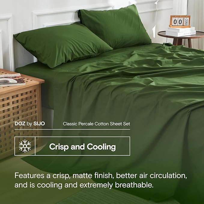 DOZ 100% Long Staple Cotton Sheet Sets, Classic Crisp Percale Weave, Breathable, Matte Finish, Hotel Style, Durable, 3pc – 2 Pillowcases 1 Fitted (Forest, Cal King)