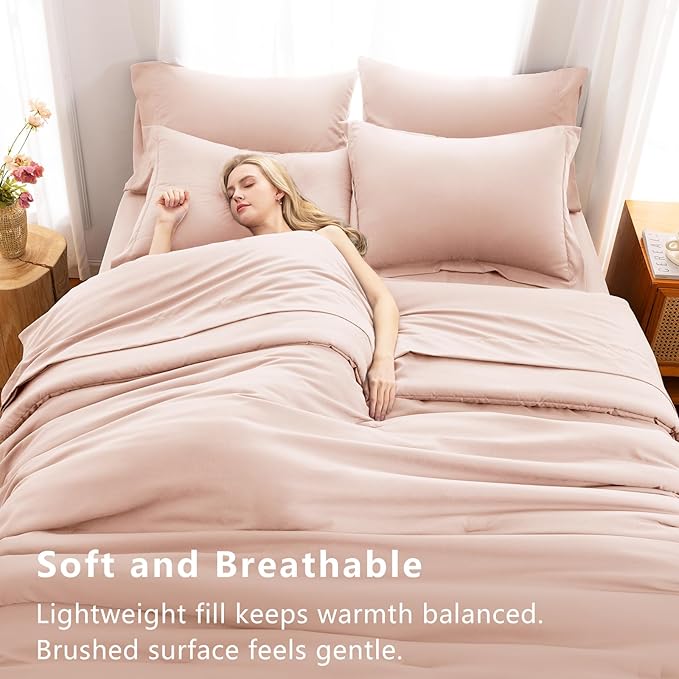 CozyLux Queen Comforter Set Blush Pink, 7 Pieces Bed in a Bag Queen Comforter Set with Sheets, Luxury Soft Bedding Sets with Down Alternative Comforter, Fitted Sheet, Flat Sheet, Pillowcases & Shams