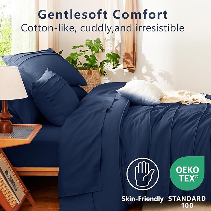 CozyLux Full Size Comforter Sets Navy Blue, 7 Pieces Soft Pinch Pleat Bed in a Bag Full Comforter Set with Sheets, Boho Bed Set with Down Alternative Comforter, Sheets, Pillowcases & Shams