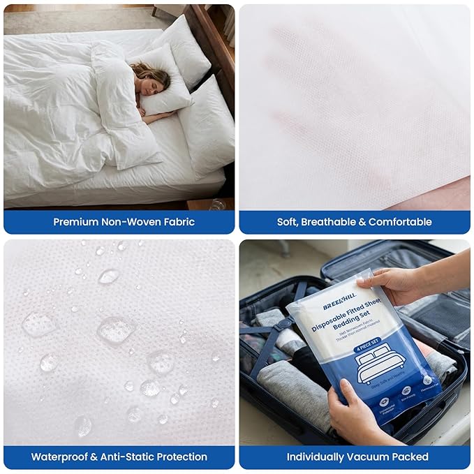 2 Pack Disposable Bed Sheets Fitted Sheet Queen Size, Disposable Travel Sheet for Hotel with Quilt Cover and Pillowcase,Disposable Sheets for Travel