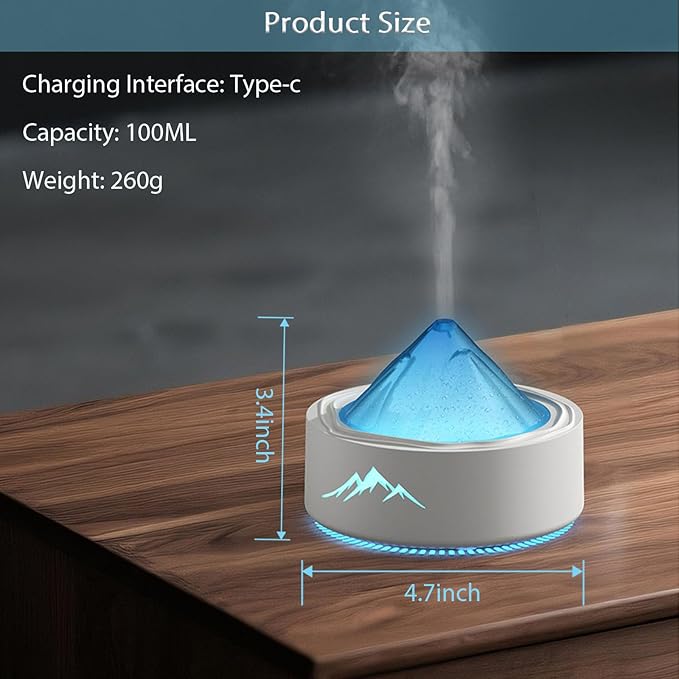 Essential Oil Diffuser, Bedroom Glacier Aromatherapy Machine, 100ML Desktop Large Spray Humidifier, with 7 Color LED Lights, Water Shortage Shutdown Protection, Suitable for Home, Office&Yoga (White)