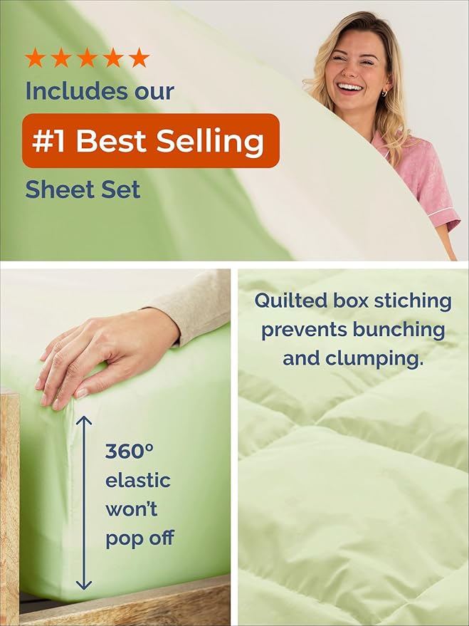 Full Comforter Set - 3 Piece Bed Set for All Seasons - 1 Soft Quilted Comforter with Corner Tabs & 2 Pillow Shams - Comfy, Cozy & Breathable - Premium Down Duvet Insert - Full Size, Light Sage Green