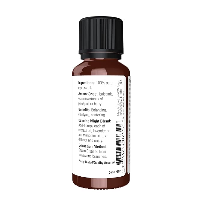 NOW Essential Oils, Cypress Oil, Balancing Aromatherapy Scent, Steam Distilled, 100% Pure, Vegan, Child Resistant Cap, 1-Ounce