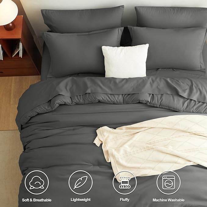 CozyLux King Size Comforter Set Dark Grey, 7 Pieces Bed in a Bag King Comforter Set with Sheets, Dark Gray Luxury Soft Bedding Sets with Down Alternative Comforter, Sheets, Pillowcases & Shams