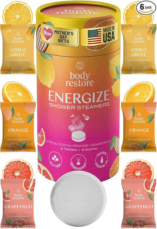 Body Restore Shower Steamers Aromatherapy 6 Pack – Mothers Day Gifts for Mom, Birthday Gifts for Women, Relaxation Stress Relief Self Care – Citrus Essential Oil Tablets